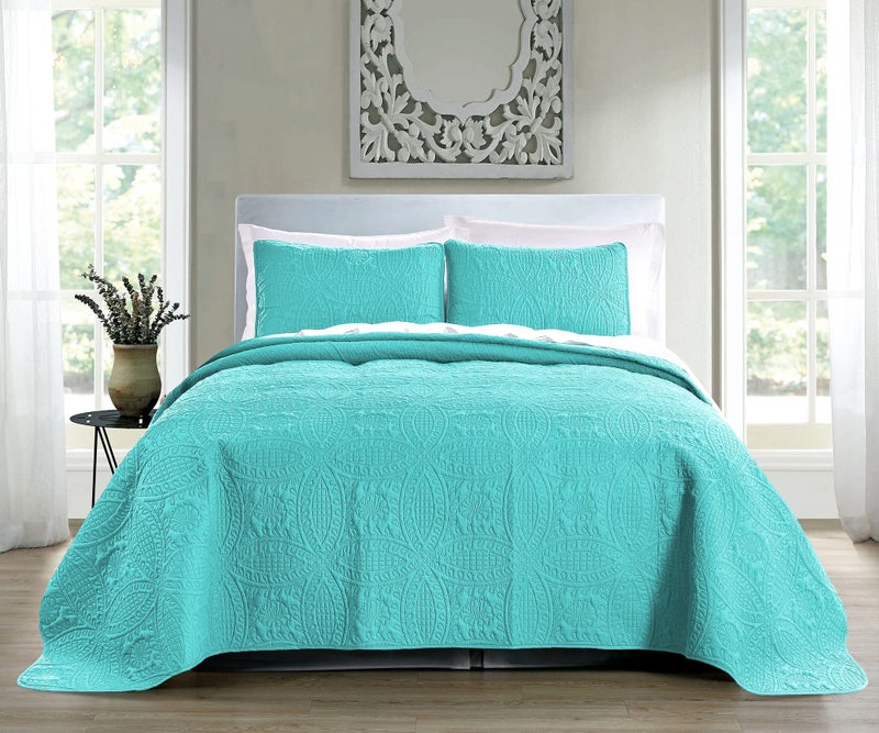 Pure Bedding Quilt Set King/Cal King/California King Size Aqua - Oversized Bedspread - Soft Microfiber Lightweight Coverlet for All Season - 3 Piece Includes 1 Quilt and 2 Shams, Geometric Pattern - Image 2